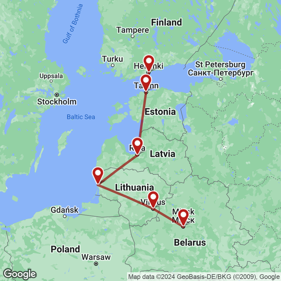 Route for Minsk, Vilnius, Klaipeda, Riga, Tallinn, Helsinki tour